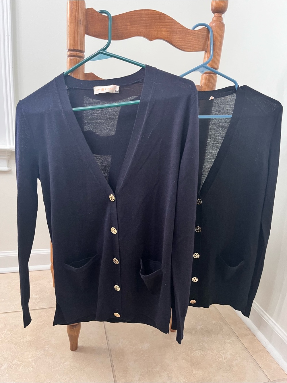 Set of 2 Tory Burch Merino Wool Blue/Black V-Neck Gold Button Cardigan Wmn’s SP